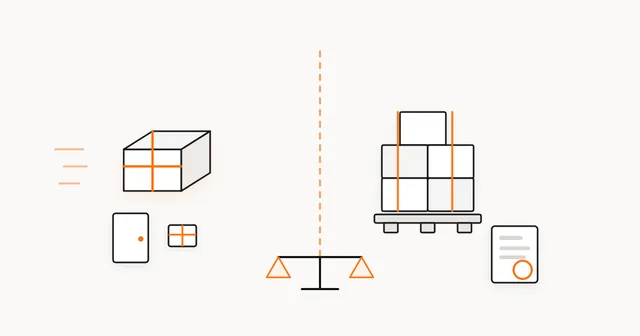 A single wrapped courier parcel beside a house door on one side of a dashed dividing line, and a strapped pallet of stacked boxes with a stamped customs entry on the other, with a balance scale below the line