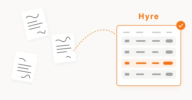 Three torn paper slips of handwritten quotes on the left, and an arrow curving to a single Hyre screen on the right where the same quotes are listed in rows with one picked out in orange
