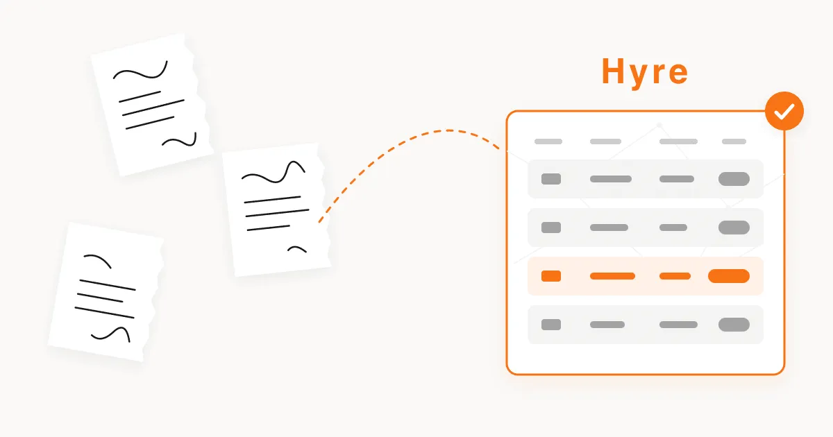Three torn paper slips of handwritten quotes on the left, and an arrow curving to a single Hyre screen on the right where the same quotes are listed in rows with one picked out in orange