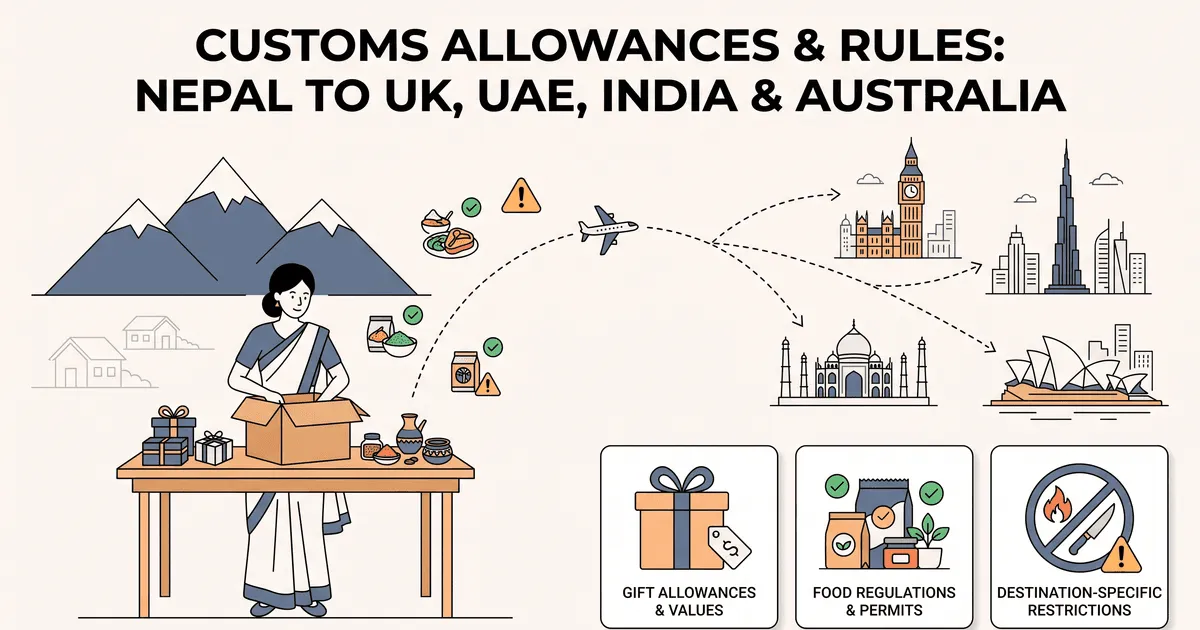 Illustration of a sender in Nepal packing gifts and food into a parcel, with icons for gift allowances, food regulations and destination-specific restrictions, routed to the UK, UAE, India and Australia