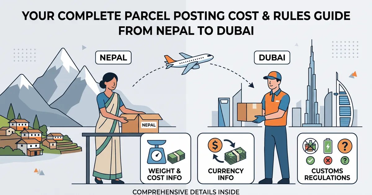 Illustration of a sender in Nepal packing a parcel and a courier delivering it in Dubai, with weight, currency and customs regulation icons, next to the Burj Khalifa and Burj Al Arab skyline