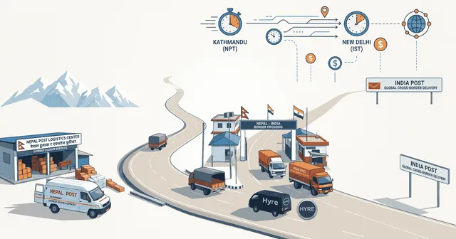 A parcel routed from Nepal to India by road and air, past a border customs checkpoint and a tracking screen