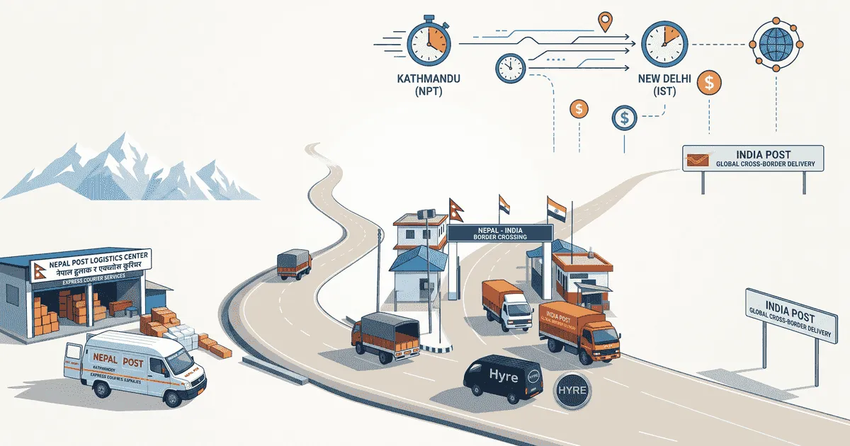 A parcel routed from Nepal to India by road and air, past a border customs checkpoint and a tracking screen