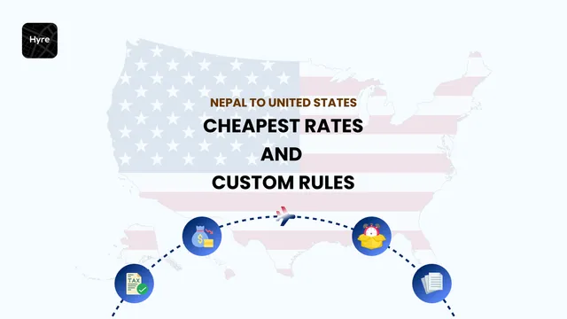 Illustration of a sender in Nepal packing a parcel and a courier delivering it in the United States, with weight, currency and customs regulation icons