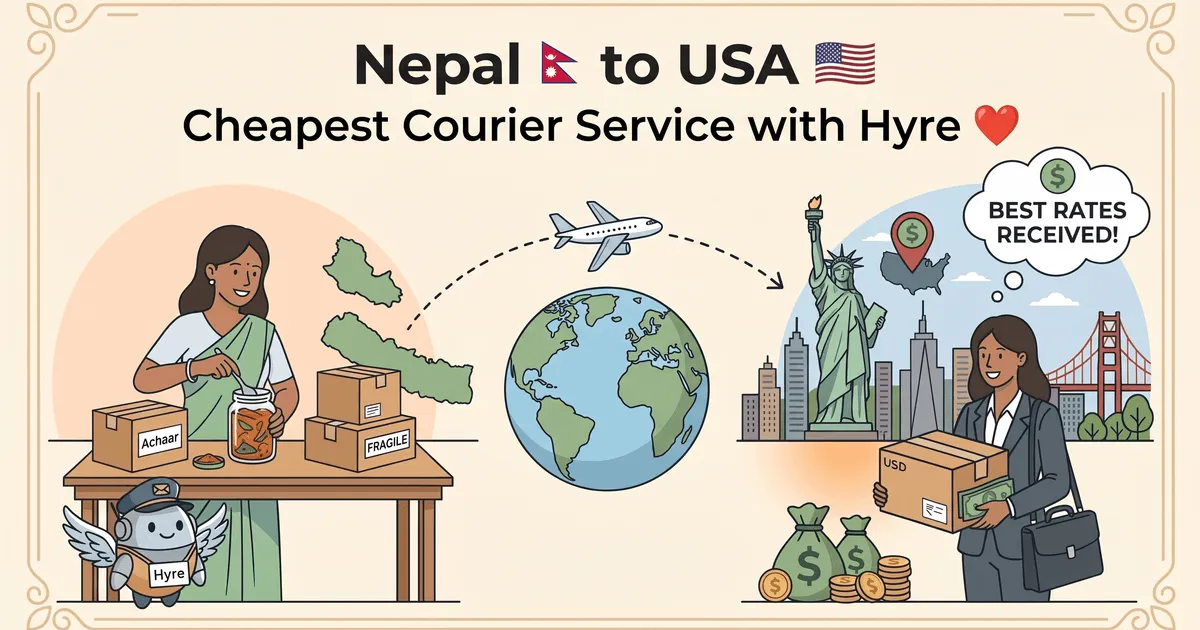 Illustration of a sender in Nepal packing a parcel and a courier delivering it in the United States, with weight, currency and customs regulation icons