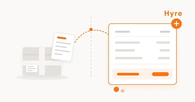 A taped parcel with a customs declaration clipped to it on one side of a dashed border line, and an itemised bill on the other with its total picked out in orange and coins spilling from underneath